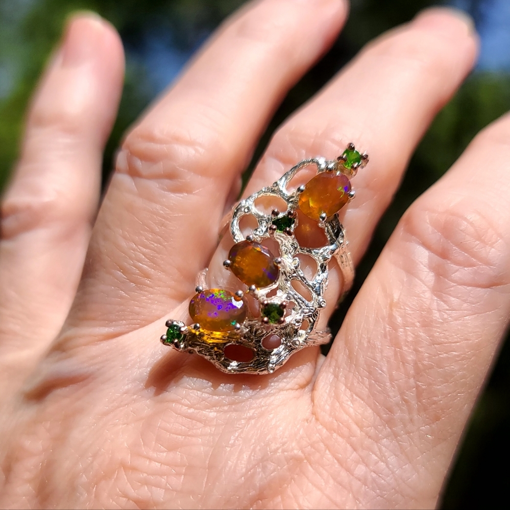 FIRE 🔥 Opals & Chrome Diopside sterling ring sz 7 - Picture 3 of 8